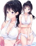 3: arm_grab bangs bikini black_hair blush breasts chitanda_eru cleavage closed_mouth collarbone commentary_request cowboy_shot eyebrows_visible_through_hair frilled_bikini frills highres hyouka jacket large_breasts long_hair looking_at_viewer medium_breasts mery_(apfl0515) multiple_views navel ocean open_clothes open_jacket parted_lips ponytail purple_eyes side-tie_bikini sidelocks simple_background swimsuit tareme thigh_gap thighs upper_body wading wet wet_hair white_background white_bikini 