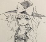  braid greyscale hat juliet_sleeves kirisame_marisa large_hat long_sleeves looking_at_viewer monochrome pen_(medium) puffy_sleeves side_braid single_braid sketch smile solo touhou traditional_media turtleneck v-shaped_eyebrows vest wavy_hair witch_hat yururi_nano 