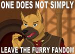  anthro brown_fur canine claws clothing darkforest english_text fangs fur half_body humor image_macro lord_of_the_rings low_res mammal meme open_mouth text 
