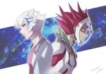  2boys blue_eyes closed_mouth dual_persona earrings eyebrows jacket jewelry kogami_ryoken mask multiple_boys pink_shirt red_hair revolver_(yuu-gi-ou_vrains) shirt short_hair white_hair yellow_eyes yu-gi-oh! yuu-gi-ou_vrains 