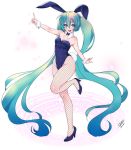  absurdly_long_hair animal_ears aqua_eyes aqua_hair artist_name bunny_ears bunny_girl bunnysuit collar commentary_request fishnet_pantyhose fishnets full_body fundoshi_inao hair_between_eyes hatsune_miku high_heels index_finger_raised leotard long_hair looking_at_viewer open_mouth outstretched_arm pantyhose solo twintails very_long_hair vocaloid white_background wrist_cuffs 
