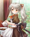  apron back_bow bag black_bow blush bow braid brown_dress brown_eyes chair cookie cowboy_shot curtains dress expressionless flower_knight_girl food grey_hair jitome kei_kei komugi_(flower_knight_girl) long_hair looking_at_viewer ponytail side_braid solo table teapot twitter_username white_apron window 