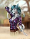  2018 5_fingers anthro blue_hair blue_nose blurred_background breasts cat cleavage clothed clothing detailed_background ear_piercing elvofirida feline female hair mammal piercing pink_eyes smile solo 