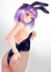  :o alternate_costume animal_ears areola_slip areolae armpits ass ass_grab back back-seamed_legwear bangs bare_shoulders black_hairband black_leotard black_ribbon blush breasts bunny_ears bunny_tail bunnysuit cowboy_shot eyebrows_visible_through_hair fake_tail fate/grand_order fate_(series) fishnet_pantyhose fishnets from_behind grabbing_own_ass gradient gradient_background grey_background hair_ribbon hairband helena_blavatsky_(fate/grand_order) highres leotard looking_at_viewer pantyhose purple_eyes purple_hair ribbon seamed_legwear shiny shiny_hair short_hair signature small_breasts solo standing strapless strapless_leotard tail tomojo wrist_cuffs 