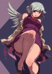  bare_legs bare_shoulders blush bow bowtie braid breasts commentary convenient_leg covered_nipples down_jacket dress enajii french_braid grey_hair kishin_sagume looking_at_viewer medium_breasts plump red_eyes shoes short_dress short_hair single_wing solo thick_thighs thighs touhou wings 