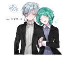  alternate_costume androgynous antarcticite arm_grab blush closed_eyes contemporary green_hair heart houseki_no_kuni jacket korean long_sleeves multiple_others nail_polish phosphophyllite retto short_hair silver_eyes silver_hair smile sweater translation_request white_background 