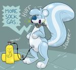  2017 3_toes absurd_res animate_inanimate anthro blue_nose bulge collar digital_drawing_(artwork) digital_media_(artwork) drone english_text gas_mask gas_tank hi_res inflatable inflation living_inflatable male mammal mana_(character) manaozyfolf markings mask multicolored_tail nozzle rubber shiny simple_background skunk solo sound_effects standing stripes tank technology text toes vehicle what 