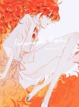  absurdres androgynous barefoot character_name copyright_name gem highres hospital_gown houseki_no_kuni long_hair looking_at_viewer marimo_(marimotty) padparadscha_(houseki_no_kuni) profile red_eyes red_hair solo very_long_hair wavy_hair 