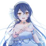  bangs bare_shoulders birthday blue_hair blush character_name choker commentary_request emia_wang eyebrows_visible_through_hair hair_between_eyes hair_ornament hand_on_own_chest happy_birthday long_hair looking_at_viewer love_live! love_live!_school_idol_festival love_live!_school_idol_project open_mouth simple_background smile solo sonoda_umi star white_background yellow_eyes 