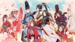  5girls :d abe_no_seimei_(onmyoji) arm_up black_gloves black_hair blue_eyes blue_sky brown_hair cherry_blossoms double_bun eye_contact gloves hat holding_hands japanese_clothes kagura_(onmyoji) kariginu kimono kota_uro kuro_mujou_(onmyoji) long_hair looking_at_another minamoto_no_hiromasa momo_(onmyoji) multiple_boys multiple_girls oni onmyoji open_mouth outdoors red_eyes sakura_(onmyoji) shiro_mujou_(onmyoji) sky smile standing tate_eboshi walking white_hair wide_sleeves yaobikuni_(onmyoji) zashiki-warashi_(onmyoji) 