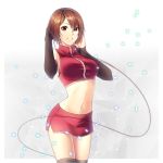  breasts brown_eyes brown_hair commentary_request crop_top detached_sleeves headphones headset highres large_breasts meiko midriff miniskirt navel short_hair skirt sleeveless solo thighhighs vocaloid yen-mi 