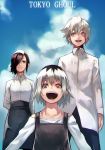  1boy 2girls 55level apron arm_behind_back bangs black_hair black_tank_top blue_eyes blue_legwear blue_sky breasts child closed_mouth cloud day eyebrows_visible_through_hair from_below hair_between_eyes hair_over_one_eye happy heterochromia highres kaneki_ichika kaneki_ken kirishima_touka long_sleeves looking_at_another looking_to_the_side looking_up medium_breasts multicolored_hair multiple_girls open_mouth red_eyes shadow shirt short_hair sky spoilers teeth tokyo_ghoul tokyo_ghoul:re waist_apron white_hair white_shirt 