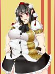  bad_id bad_pixiv_id belt big_belly black_hair blush breasts collared_shirt d: fat fat_folds hat highres large_breasts looking_at_viewer medium_hair nerizou obese open_mouth pointy_ears pom_pom_(clothes) red_eyes sagging_breasts shameimaru_aya shirt skirt solo sweat tokin_hat touhou undersized_clothes 