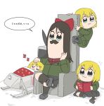  :3 bangs bkub_(style) black_footwear black_hair black_legwear black_skirt blonde_hair blue_eyes bob_(you-u-kai) book bow climbing clone commentary crossed_legs cyrillic emblem facial_hair girls_und_panzer green_jacket hair_bow holding holding_book jacket katyusha loafers long_sleeves lying miniskirt multiple_girls mustache nonna on_back parody petting pleated_skirt poptepipic pravda_school_uniform ranguage reading red_bow red_shirt russian school_uniform seiyuu_connection shirt shoes sitting skirt sleeping socks style_parody swept_bangs throne translated turtleneck uesaka_sumire white_background zzz 