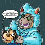  2017 absurd_res alpaca animal_crossing anthro beard brown_nose camelid caprine clothed clothing costume cyrus_(animal_crossing) digital_drawing_(artwork) digital_media_(artwork) duo english_text eyewear facial_hair fur glasses goat green_eyes green_sclera hi_res kehei liquid_latex living_clothing living_costume male mammal mask nerd nerd_(character) nintendo open_mouth rubber shiny simple_background surprise text transformation video_games what 