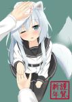  animal_ears belt black_legwear black_skirt blue_eyes blush commentary_request dog_ears dog_tail eyebrows_visible_through_hair flat_cap green_background hair_between_eyes hammer_and_sickle hand_on_another's_head hat hibiki_(kantai_collection) highres holding_hands kantai_collection kemonomimi_mode long_hair long_sleeves looking_at_viewer miniskirt one_eye_closed pantyhose pov pov_hands sailor_collar school_uniform serafuku shirt shiruhino silver_hair simple_background skirt solo_focus star tail tail_wagging verniy_(kantai_collection) white_shirt 