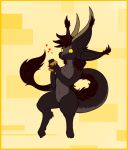  &lt;3 2015 anthro black_fur brown_hair burger digital_media_(artwork) digitigrade dragon eating food fur furred_dragon hair horn male mirroid mirroidal multi_ear navel nude sairlan_(mirroidal) simple_background yellow_eyes 