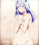  1girl beatless blue_eyes blue_hair blush lacia leicia long_hair midriff stitched 