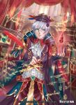  alisaris_(force_of_will) banamons belt blue_eyes book company_name feathers fingerless_gloves force_of_will gem glasses gloves hat magic male_focus official_art pencil solo white_hair 