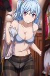  1girl :o bang_dream! bangs bare_arms bare_shoulders black_legwear black_panties blouse blue_bra blue_hair blurry blurry_background blurry_foreground bra breasts ceiling_light cleavage collarbone commentary_request cowboy_shot depth_of_field eyebrows_visible_through_hair fine_fabric_emphasis gluteal_fold groin hair_ornament highres indoors jacket large_breasts leaning_forward long_hair looking_at_viewer matsubara_kanon narafume navel one_side_up panties panties_under_pantyhose pantyhose parted_lips purple_eyes red_footwear red_jacket shirt_removed shoes_removed sidelocks solo standing stomach thighband_pantyhose underwear wardrobe white_blouse 