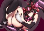  3104bnb ass bangs black_gloves black_hair black_legwear blunt_bangs blush breasts commentary_request elbow_gloves frown gloves headgear highres knees_up long_hair looking_at_viewer pink_eyes revealing_clothes senki_zesshou_symphogear senki_zesshou_symphogear_xd_unlimited shiny shiny_hair simple_background small_breasts solo thighhighs tsukuyomi_shirabe twintails 
