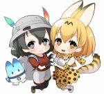  animal_ears backpack bag blush bow bowtie chibi commentary_request extra_ears full_body gloves hat_feather heart heart-shaped_pupils heart_hands heart_hands_duo helmet high-waist_skirt holding_hands kaban_(kemono_friends) kemono_friends looking_at_viewer lucky_beast_(kemono_friends) multiple_girls partial_commentary pith_helmet print_gloves red_shirt serval_(kemono_friends) serval_ears serval_print serval_tail shirt simple_background skirt striped_tail symbol-shaped_pupils tail vsi0v white_background 