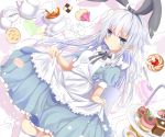 alternate_costume animal_ears apron aruka_(alka_p1) blue_eyes bunny_ears cake commentary_request eyebrows_visible_through_hair fake_animal_ears food fruit hair_between_eyes hibiki_(kantai_collection) kantai_collection long_hair maid maid_apron open_mouth puffy_short_sleeves puffy_sleeves short_sleeves silver_hair snack solo strawberry verniy_(kantai_collection) white_apron 