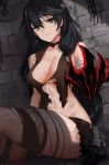  bandaged_arm bandages black_choker black_hair breasts choker commentary_request highres long_hair looking_at_viewer medium_breasts sendrawz solo tales_of_(series) tales_of_berseria torn_clothes underboob velvet_crowe yellow_eyes 