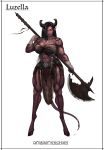  2018 abs absurd_res armor balls black_hair breasts choker cleavage clothed clothing dagger demon female hair halberd hi_res hooves horn humanoid lucien luzella melee_weapon model_sheet piercing polearm solo tattoo unconvincing_armor weapon white_eyes 