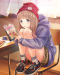  absurdres book brown_hair chair desk full_body grey_eyes hat highres holding holding_book hood hooded_sweater indoors kishida_mel long_hair open_book open_mouth open_window purple_sweater red_hat school_fanfare shoes sitting sneakers socks solo sweater window wooden_floor 