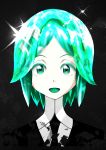  1girl absurdres androgynous gem_uniform_(houseki_no_kuni) green_eyes green_hair highres houseki_no_kuni looking_at_viewer looking_back md5_mismatch open_mouth phosphophyllite shards shirt simple_background smile solo the_only_shoe the_shoe white_shirt 