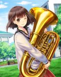  ;d absurdres blue_sky brown_eyes brown_hair cloud collarbone day floating_hair green_ribbon grey_sweater hair_ribbon highres holding holding_instrument instrument kishida_mel looking_at_viewer one_eye_closed open_mouth outdoors red_skirt ribbon school_fanfare short_hair skirt sky smile solo standing sweater tuba 