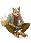  5_toes anthro barefoot black_nose brown_fur canine clothing dipstick_tail feet fox fox_mccloud fur humanoid_feet male mammal multicolored_tail nintendo nintendo_64 selena-goulding simple_background sitting soles solo star_fox toes video_games white_fur 