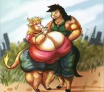 2017 anthro barefoot belly beverage big_belly big_breasts big_butt black_hair blonde_hair bovine breasts butt cattle cleavage clothed clothing detailed_background digital_media_(artwork) duo equine female green_eyes hair helaviskrew horse huge_breasts huge_butt hyper hyper_breasts karmelita_(mirroidal) larger_male male mammal mirroidal muscular muscular_male outside overweight overweight_female park purple_eyes shirt shorts size_difference smaller_female tank_top thick_thighs voluptuous wide_hips 