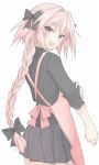  apron astolfo_(fate) black_bow black_ribbon bow braid commentary fang fate/apocrypha fate/grand_order fate_(series) hair_intakes hair_ribbon hand_on_own_arm long_hair male_focus mobu multicolored_hair otoko_no_ko pink_hair purple_eyes ribbon single_braid sleeves_rolled_up solo streaked_hair 