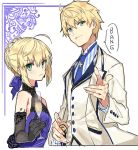  1girl ahoge arthur_pendragon_(fate) artoria_pendragon_(all) blonde_hair blue_dress braid champagne_flute cup dress drinking_glass elbow_gloves english fate/extella_link fate/grand_order fate/prototype fate_(series) finger_gun formal french_braid gloves green_eyes looking_at_viewer necktie saber simple_background suit teshima_nari upper_body white_background white_rose_(fate/grand_order) white_suit 