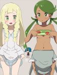  blonde_hair blue_eyes blue_hair blue_swimsuit blush braid breasts chibi dark_skin dress goggles goggles_on_head green_bandeau green_eyes green_hair highres lillie_(pokemon) long_hair looking_at_another mao_(pokemon) masso_n multiple_girls navel one-piece_swimsuit open_mouth panties panty_pull parted_lips pokemon pokemon_(anime) pokemon_sm_(anime) print_bandeau see-through short_hair simple_background sleeveless sleeveless_dress small_breasts suiren_(pokemon) swimsuit trial_captain twin_braids twintails underboob underwear undressing white_dress white_panties 