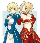  alternate_hairstyle artoria_pendragon_(all) bangs blonde_hair blue_dress blue_eyes blush braid breasts cleavage commentary_request cosplay cowboy_shot darjeeling detached_collar detached_sleeves dress eyebrows_visible_through_hair fate/grand_order fate_(series) frown girls_und_panzer hair_intakes hair_up hand_on_another's_shoulder hand_on_own_chest kay_(girls_und_panzer) long_hair long_sleeves looking_at_another looking_at_viewer medium_breasts mordred_(fate) mordred_(fate)_(all) mordred_(fate)_(cosplay) multiple_girls navel navel_cutout open_mouth outside_border pelvic_curtain puffy_long_sleeves puffy_sleeves red_dress red_scrunchie saber saber_(cosplay) scrunchie short_hair short_ponytail smile standing tied_hair uona_telepin 