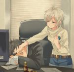  1girl anastasia_(idolmaster) belt belt_buckle blinds blue_eyes bottle buckle business_suit chair denim denim_shorts desk earrings formal hand_on_another's_face idolmaster idolmaster_cinderella_girls indoors jewelry marimo_(momiage) monitor office_chair pendant producer_(idolmaster_cinderella_girls_anime) short_hair shorts silver_hair star stud_earrings suit sweat sweater 