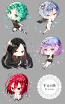  androgynous antarcticite artist_name black_eyes black_hair bort chibi copyright_name crystal_hair diamond_(houseki_no_kuni) gem_uniform_(houseki_no_kuni) gradient_hair green_eyes green_hair holding holding_sword holding_weapon houseki_no_kuni katana long_hair looking_at_viewer mercury multicolored_hair multiple_others myoya own_hands_together phosphophyllite purple_eyes purple_hair red_eyes red_hair saw_cleaver shinsha_(houseki_no_kuni) short_hair shorts silver_eyes silver_hair sparkle squatting sword thighhighs weapon 