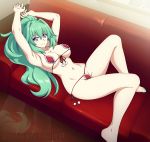  1girl armpits arms_up bare_legs barefoot bra breasts choujigen_game_neptune chuunioniika cleavage commentary couch english_commentary eyebrows_visible_through_hair fur-trimmed_bra fur-trimmed_panties green_hair green_heart green_nails hair_between_eyes highres large_breasts long_hair looking_at_viewer lying nail_polish navel neptune_(series) on_back panties pom_pom_(clothes) ponytail power_symbol purple_eyes red_bra red_panties side-tie_panties solo spike_wible stomach string_bra string_panties symbol-shaped_pupils toenail_polish twitter_username underwear 