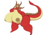  2016 anthro areola auriferos_(mirroidal) belly big_belly big_breasts big_butt breasts brown_hair butt digital_media_(artwork) dragon female green_eyes grin hair hand_behind_head horn huge_breasts huge_butt hyper hyper_breasts mirroidal nipples nude overweight overweight_female red_scales scales scalie simple_background slit_pupils smile solo thick_thighs voluptuous white_background wide_hips 