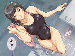 1girl amagami areolae bangs bare_arms bare_legs bare_shoulders black_eyes black_hair black_swimsuit breasts censored cleavage covered_navel from_above highres holding indoors large_breasts legs long_hair looking_at_viewer matching_hair/eyes mosaic_censoring mound_of_venus nipples onomatopoeia parted_lips partially_submerged pool pubic_hair saya_products see-through serious solo speech_bubble standing swimsuit thighs towel tsukahara_hibiki water wet 
