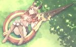  animal_ears ass boots breasts brown_gloves brown_hair day erune gloves granblue_fantasy hair_ornament high_heel_boots high_heels huge_weapon knee_boots knees_together_feet_apart la_coiffe_(granblue_fantasy) leaf_hair_ornament long_hair looking_at_viewer lying medium_breasts miniskirt on_back one_eye_closed open_mouth outdoors poru_(naasan) puffy_short_sleeves puffy_sleeves scissors shadow short_sleeves skirt solo weapon 