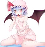  bangs bare_arms bare_legs bare_shoulders bat_wings bed_sheet black_wings bloomers blue_hair blush breasts buta_(uhoiiotoko) camisole cleavage collarbone commentary_request eyebrows_visible_through_hair finger_licking finger_to_mouth fingernails fingers frilled_ribbon frills groin hair_between_eyes half-closed_eyes hands_up hat hat_ribbon highres licking long_fingernails mob_cap nail_polish navel pink_hat pointy_ears red_eyes red_nails red_ribbon remilia_scarlet ribbon short_hair simple_background sitting small_breasts solo spaghetti_strap spread_wings stomach strap_slip tongue tongue_out touhou underwear wariza white_background wings 