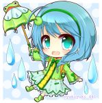  :d animal_themed_umbrella aqua_eyes backpack bag bangs blue_background blue_hair blush boots bow bowtie braid chibi commentary_request dress eyebrows_visible_through_hair frilled_sleeves frills frog full_body green_dress green_footwear green_hairband green_neckwear green_umbrella hair_between_eyes hairband holding holding_umbrella long_sleeves looking_at_viewer low_twintails open_mouth outstretched_arm polka_dot polka_dot_background rubber_boots shironeko_project smile solo tsuyuha_(shironeko_project) twin_braids twintails twitter_username umbrella water_drop wide_sleeves yukiyuki_441 