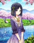  absurdres black_hair blue_sky bracelet cherry_blossoms cloud collarbone day dress floral_print flower green_ribbon grey_eyes hair_ribbon hands_together highres jewelry kishida_mel looking_at_viewer outdoors petals pink_flower purple_dress ribbon river school_fanfare short_hair sky smile solo stairs standing tree 