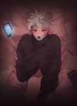  2018 anthro bed black_clothing blush canid canine clothing eyes_closed fondling fumiko fur furniture grey_body grey_fur hair hi_res inner_ear_fluff lying male mammal masturbation nipple_fetish nipple_play on_back on_bed phone solo tuft white_body white_fur white_hair 