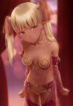  absurdres asaba0327 bangs blonde_hair blunt_bangs blush breasts closed_mouth collarbone commentary_request dark_skin detached_sleeves eyebrows_visible_through_hair garter_belt garter_straps gold_trim gypsy harem_outfit highres jewelry long_hair long_sleeves looking_at_viewer medium_breasts necklace orange_eyes original panties pink_legwear puffy_detached_sleeves puffy_long_sleeves puffy_sleeves see-through standing thighhighs twintails underwear yellow_panties 