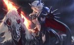  armor artoria_pendragon_(all) artoria_pendragon_(lancer_alter) blonde_hair breasts cape cleavage evil_smile fate/grand_order fate_(series) flaming_weapon glowing glowing_eyes horse lance large_breasts llamrei_(fate) looking_at_viewer polearm raikoart rain reaching_out red_eyes riding smile weapon yellow_eyes 